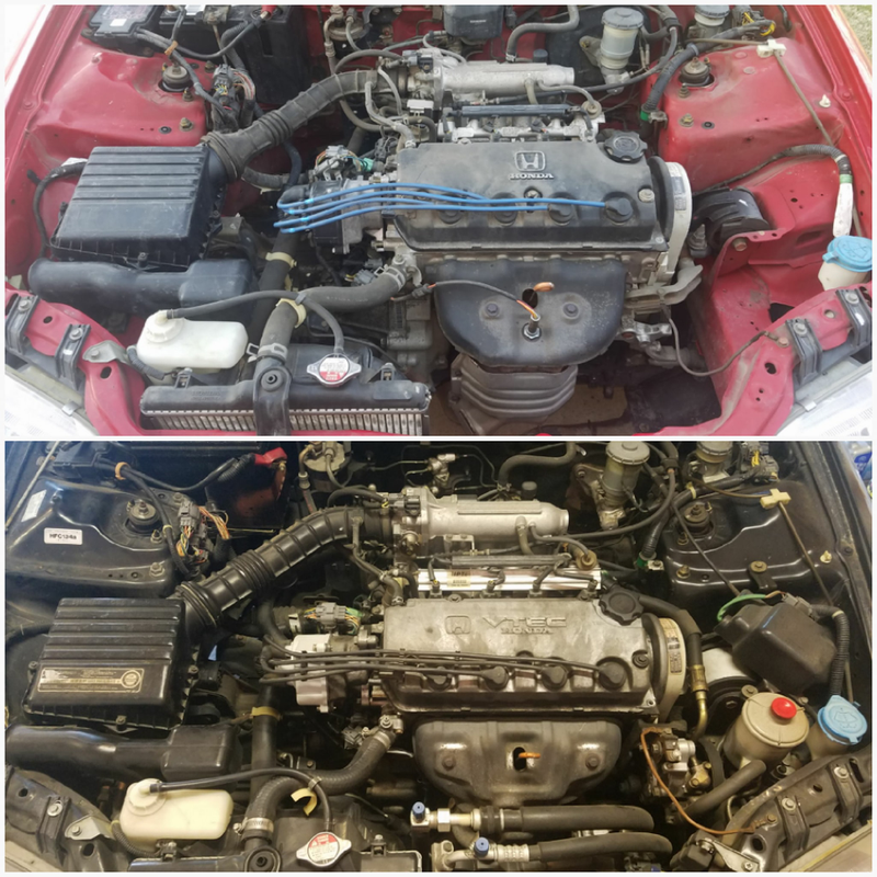 a FAR emptier engine bay without the goodies. VX: 92 hp (69 kW) 1.5 L D15Z1 VTEC-E EX: 125 hp (93 kW) 1.6 L D16Z6 VTEC
the major difference is that the VX has a VTEC designed for fuel
economy, and is SLOW. while the EX has the most exciting SOHC engine
available. With ~33HP difference (depending on how many have left the stable).
